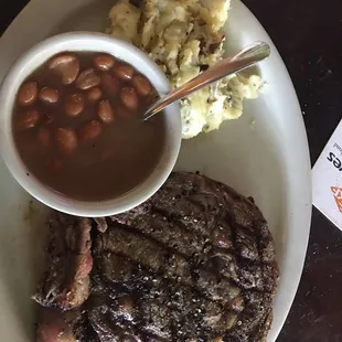 Black Pepper Ribeye with &quot;Bar Beans&quot; and mashed potatoes