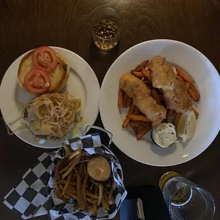 Burger and Fish &amp; Chips with a Stella beer + a Weller&apos;s Special Reserve.