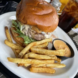 a burger and fries on a plate