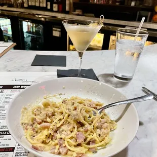Fired Up Martini with Spaghetti Carbonara
