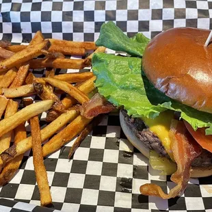Smoked bacon cheddar burger and fresh cut fries