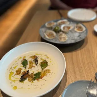 PEI oysters and white gezpacho with toasted almonds and trout roe