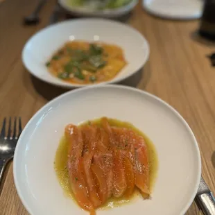 Cured artichoke char with apricots and smoked egg plant, lobster ravioli w. sugar snap peas, gem lettuce salad with fried capers