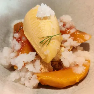 Poached peaches with lemongrass granita