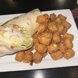 Turkey avocado wrap and tater tots
