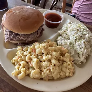 Beef Sandwich Plate with macaroni salad and coleslaw