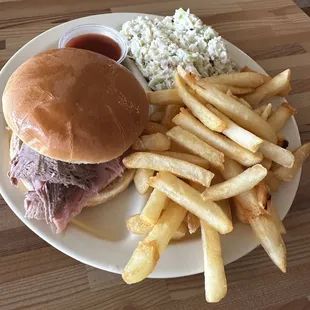 Combo sandwich (beef and ham) plate with fries and coleslaw