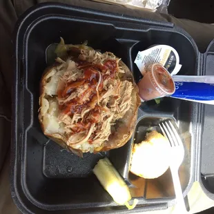BBQ chicken baked potato, cornbread roll, dill pickle, sauce, and cole slaw (not pictured but good!)