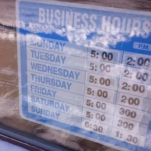 Witer hours  M-Th: 5-2 F/S: 5-3 Su: 6:30-1:30