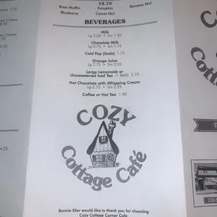 a menu for the cozy cottage cafe