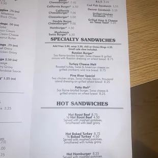 a menu for sandwiches and hot sandwiches