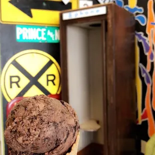 Chocolate ice cream in a waffle cone