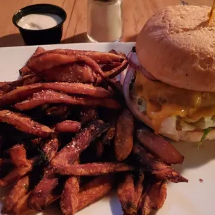 Gluten free burger and sweet potato fries