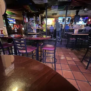 a bar with tables and stools