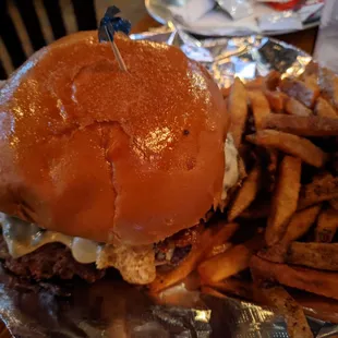 a hamburger and french fries