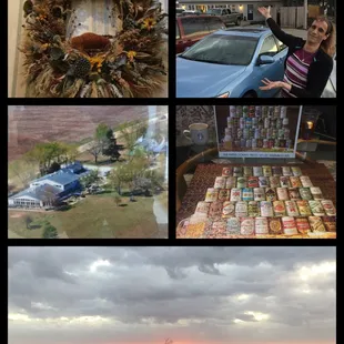 A collage of photo that shows a wreath in the staircase of The Barn B&amp;B, a picture of the parking lot and exterior, and overhead view, etc