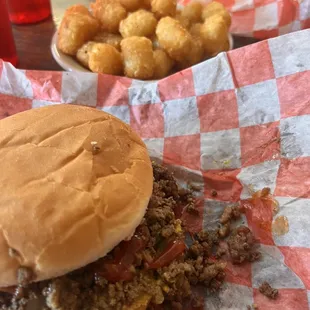 Maid Rite Sandwich with a side of tater tots