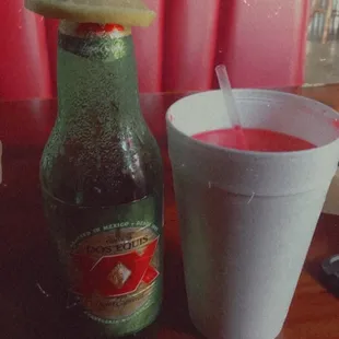 Huge beer and huge frozen daiquiri (heavy on the alcohol!!)