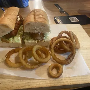 Ultimate fish sandwich and onion rings