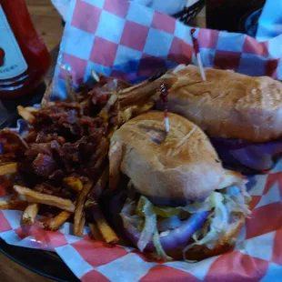 Burger with bacon cheese fries