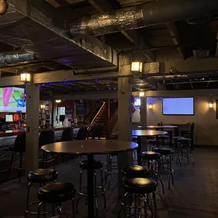 a bar with stools and tables
