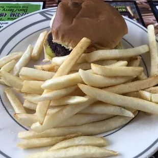 Burger and fresh fries. Tasty.