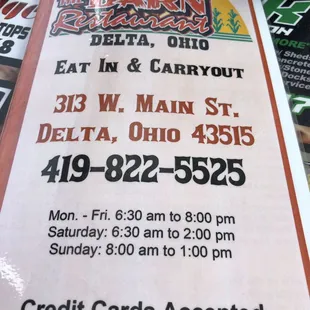 The Barn has a great carry out menu and also takes credit cards now.