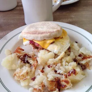 Barn Muffin Special. Bacon, egg cheese muffin, small home fries,coffee or small juice for $4.20. Fresh + tasty.