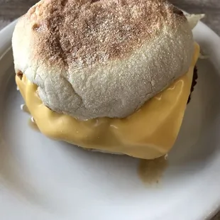 Barn muffin with sausage, cheese and egg.
