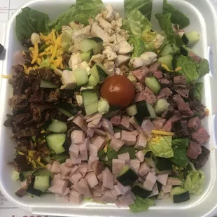 Chef Salad ham, Turkey, tri tip, and bacon. You can not go wrong with this salad.