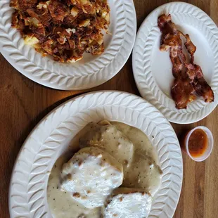 Biscuits and gravy with bacon and extra crispy hash browns.