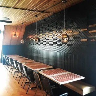 a row of tables in a restaurant