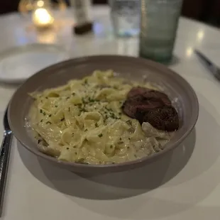 Mushroom pappardelle with med rare steak