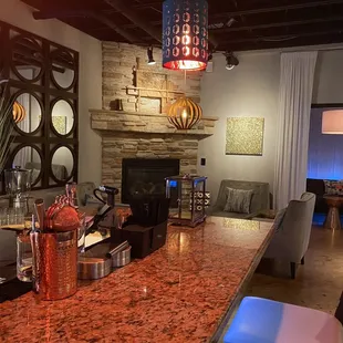 a bar with a fire place