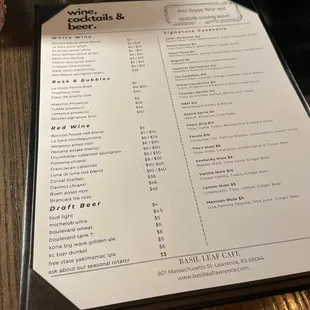 Drink menu