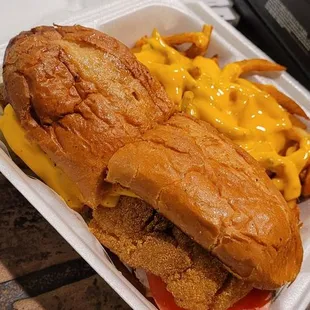 Catfish sandwich and curtly fries with nacho cheese