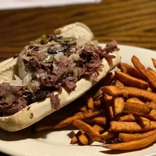 Dublin Cheesesteak with sweet potatoe fries