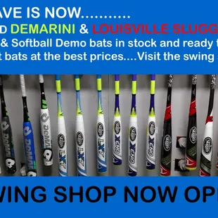 Swing shop and demo house now open.  Official Louisville Slugger and DeMarini dealer with the very best prices anywhere!