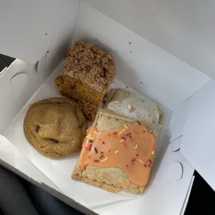 Pop tarts, chocolate puddle cookie and pumpkin coffee cake.