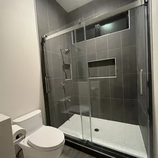 Toilet, shower fixtures and shower door from Bathroom Store