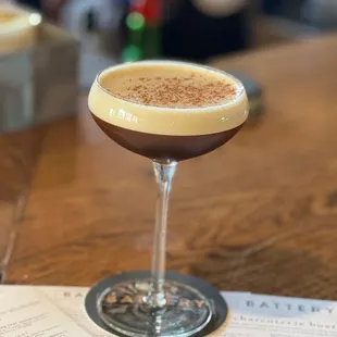 Fully Charged Martini $14  Big 5 Cuban Coffee Rum/House-made vanilla bean syrup/espresso/chocolate bitters