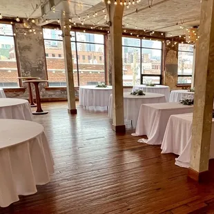 3rd floor wedding venue. We had to provide the the table cloths. Fantastic views of downtown KC!  Thanks.