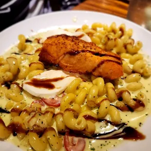 Pesto pasta with grilled salmon