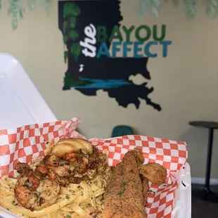 Seafood pasta with fried fish