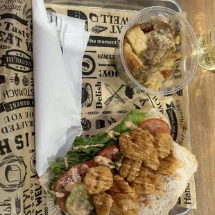 fried shrimp po boy and bread pudding