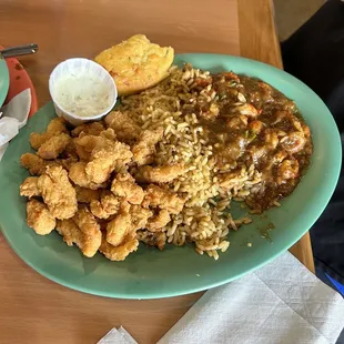 Half Crawfish Etouffee and half fried crawfish.