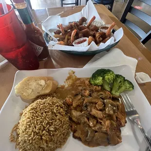 Salmon with Topping. Fried Shrimp w/ fries