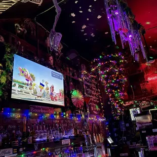 a bar decorated for christmas