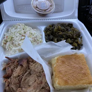 Bangin BBQ Platter with collards and Coleslaw and cornbread