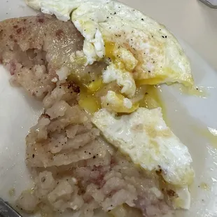 Corned beef hash... really gross. Mushy potatoes and hardly any corned beef, a few specks inside the mush.